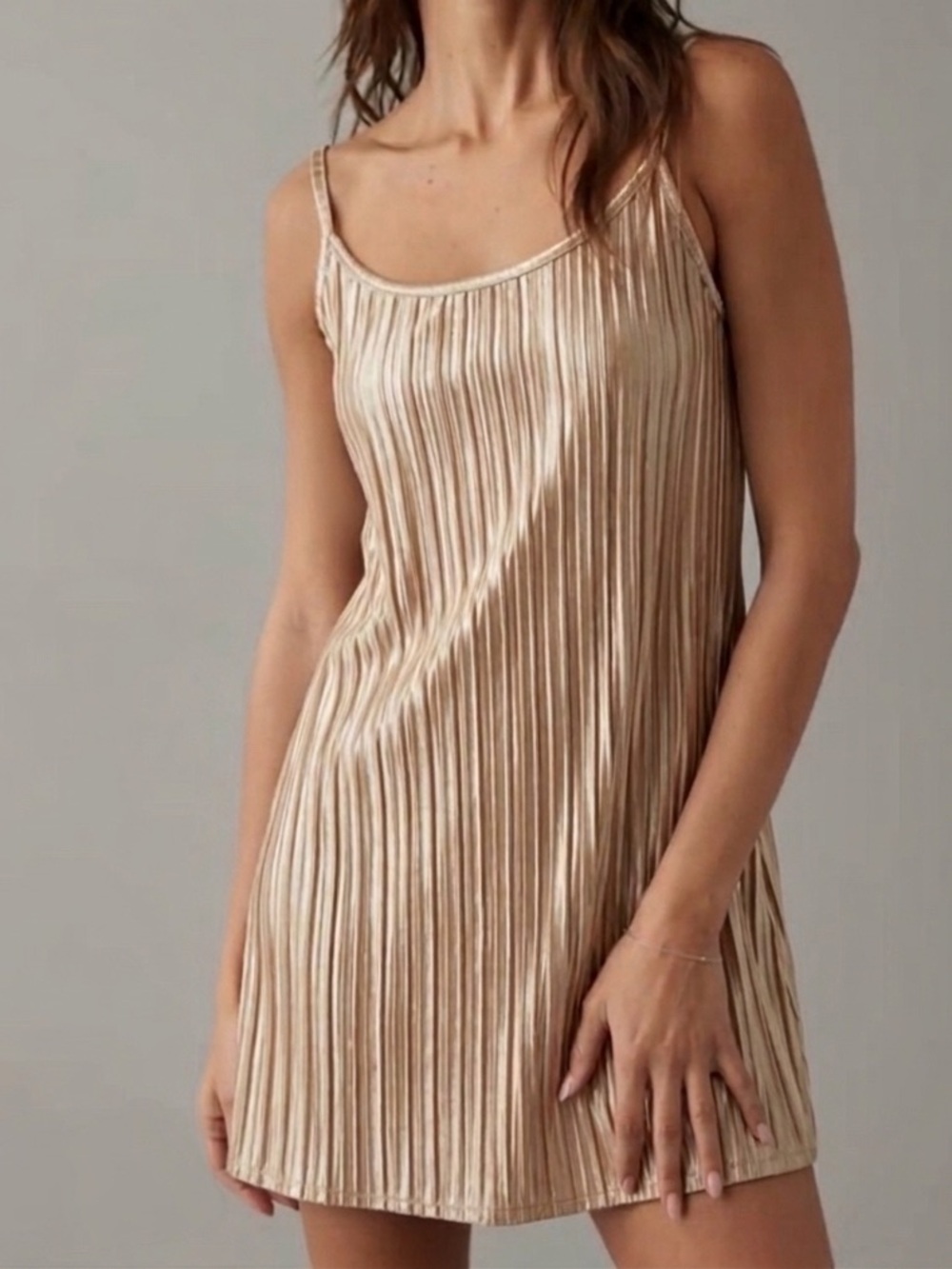American Eagle Pleated Satin/Velour Slip Dress | Champagne | Size Large | NWT